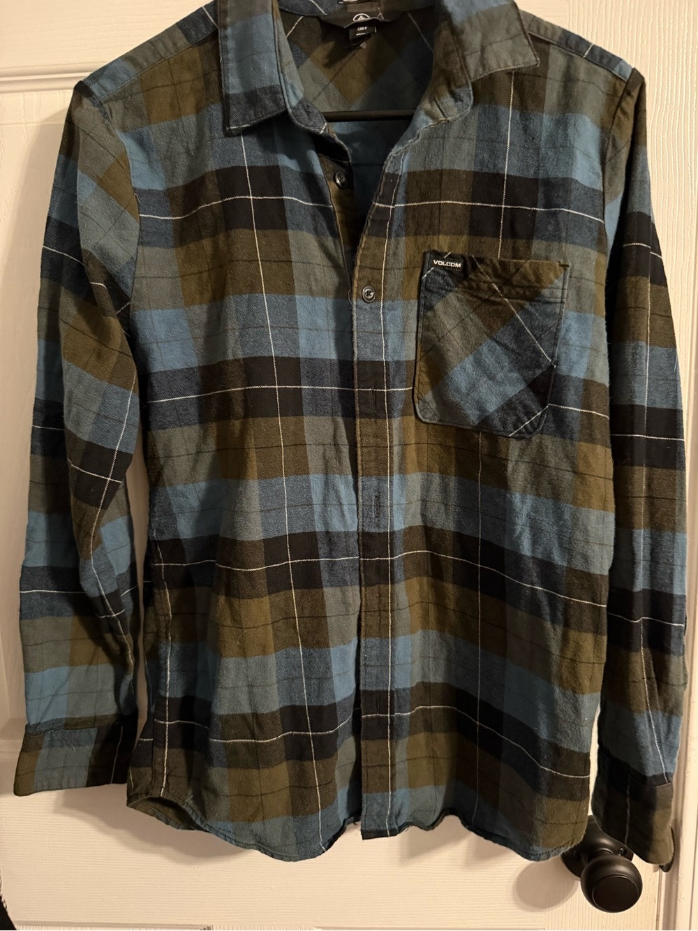 Volcom Blue and Olive Plaid Button-Up Shirt